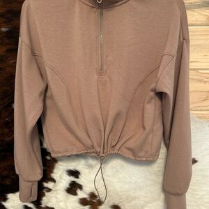 BearPaw Women's Tan 1/4 Zip Cropped Sweatshirt Drawstring Bottom Size Small